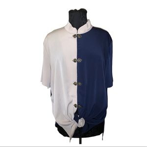 Beige/Blue Half & Half Colorblock Button Up Blouse
